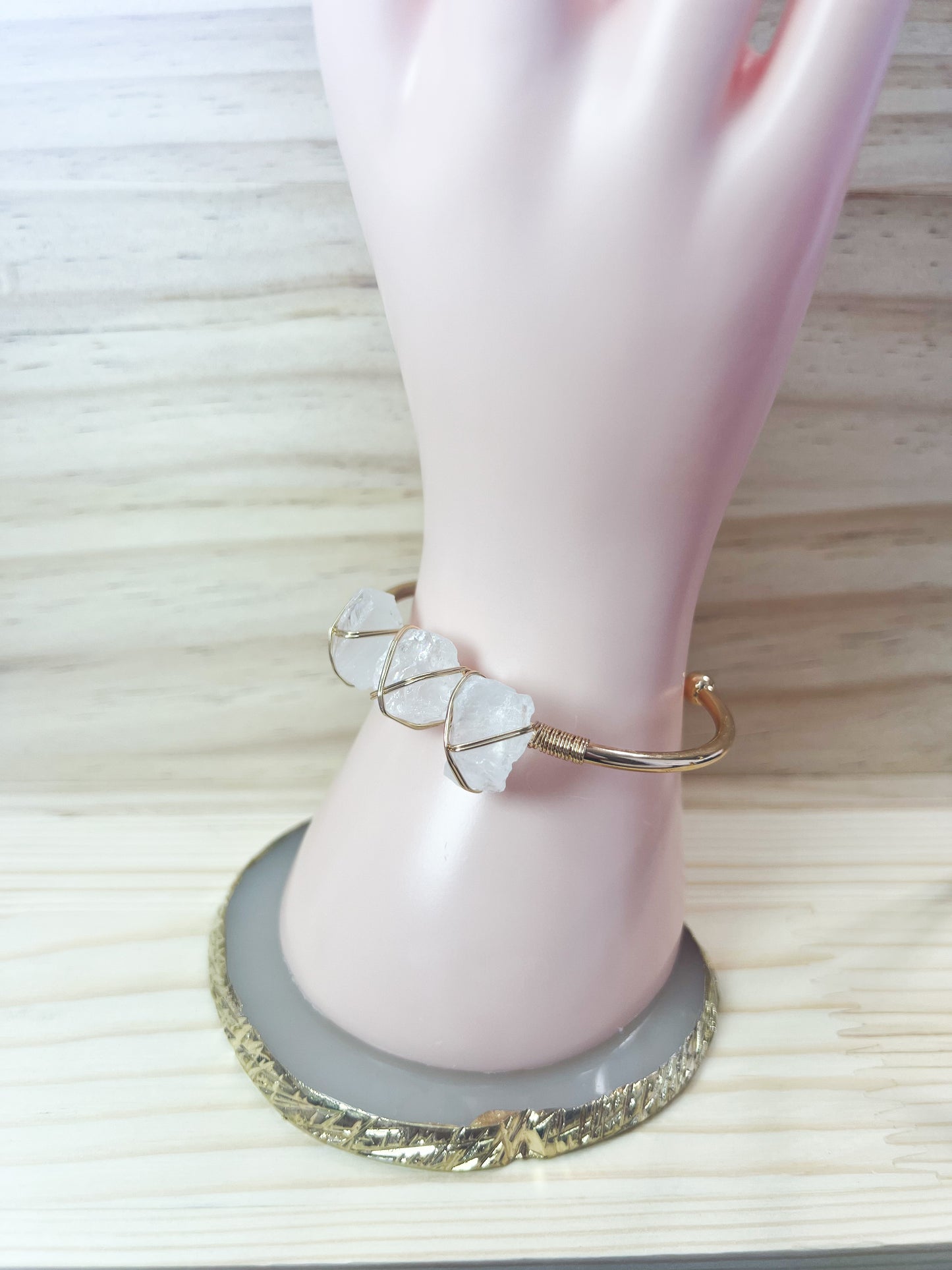 Rock Crystal Stone Wire Wrapped Cuff Bangle Bracelet