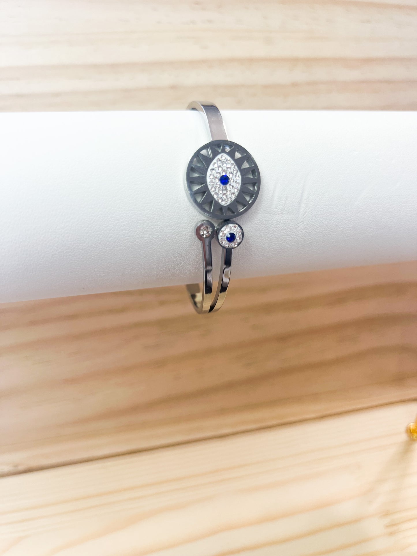 Stainless Steel Silver Evil Eye Bracelet With Rhinstones