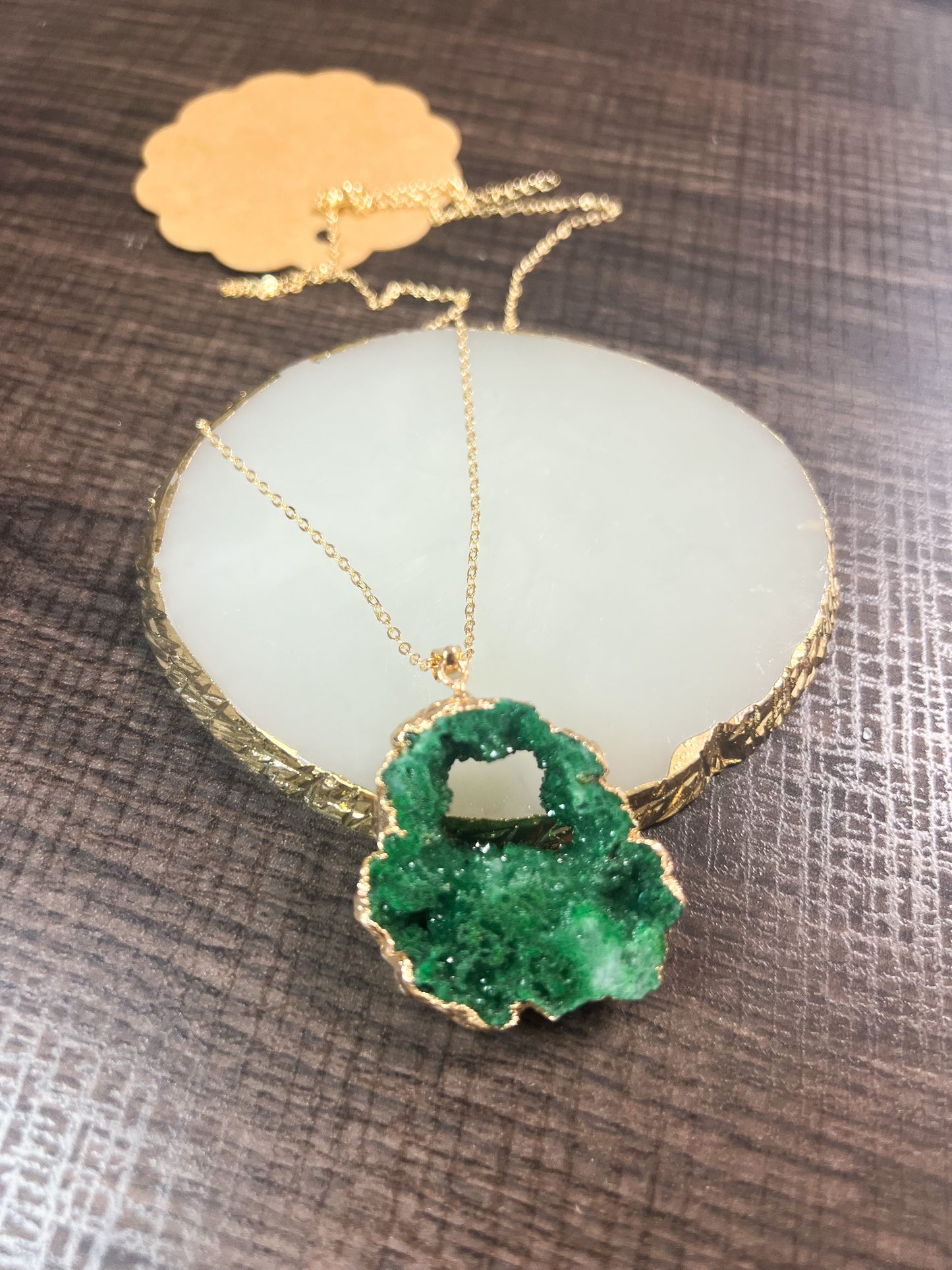 Green Fluorite Crystal Pendant Gold Plated Edge Necklace