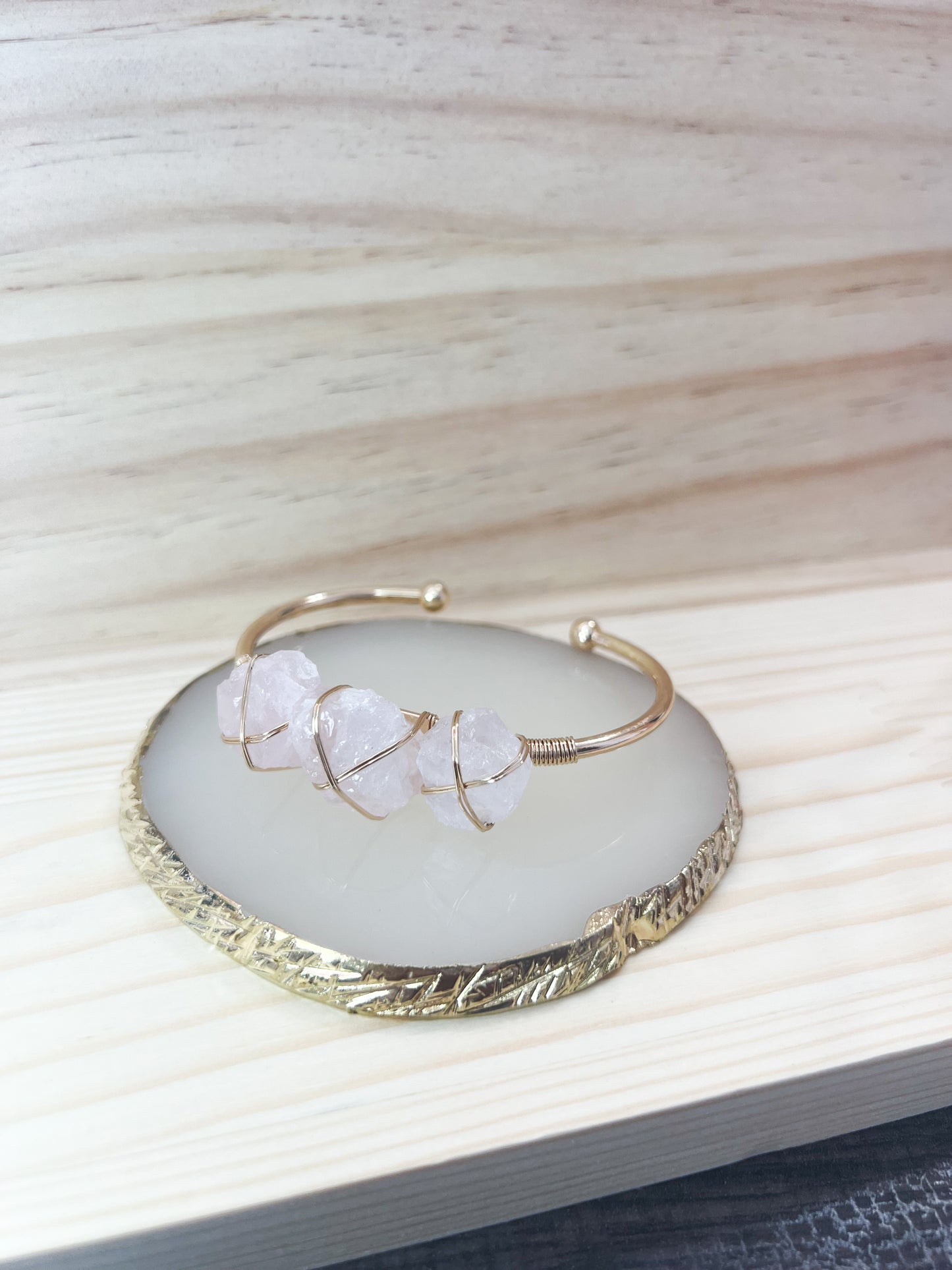 Rose Quartz Stone Wire Wrapped Cuff Bangle Bracelet