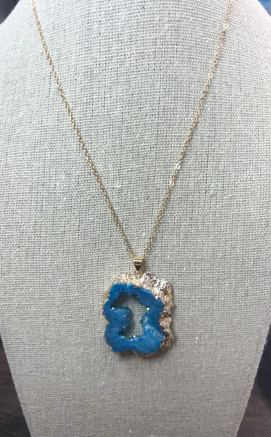 Blue Apatite Crystal Pendant Gold Plated Edge Necklace