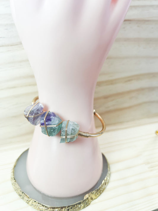 Fluorite Stone Wire Wrapped Cuff Bangle Bracelet