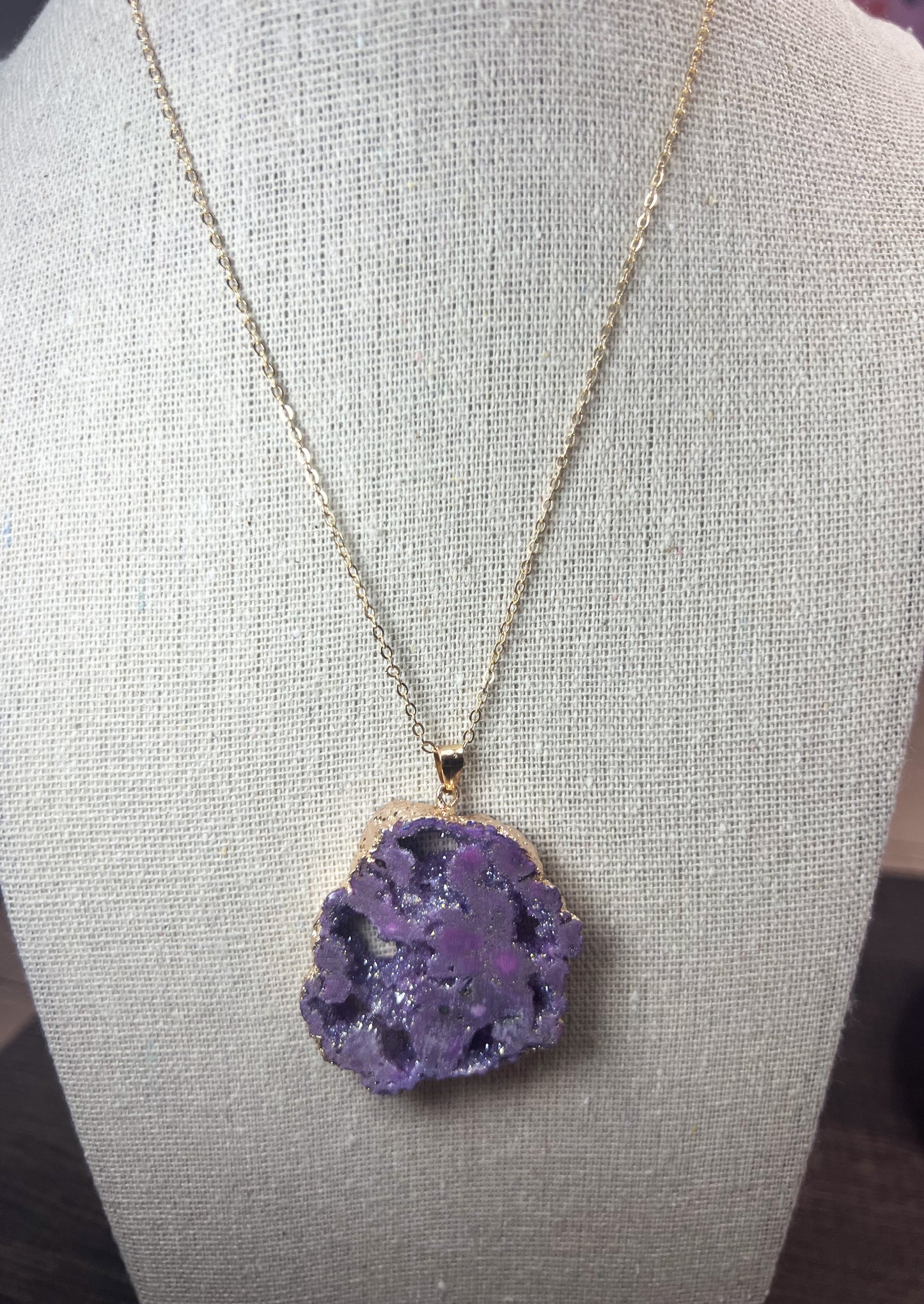 Amethyst Crystal Pendant Gold Plated Edge Necklace