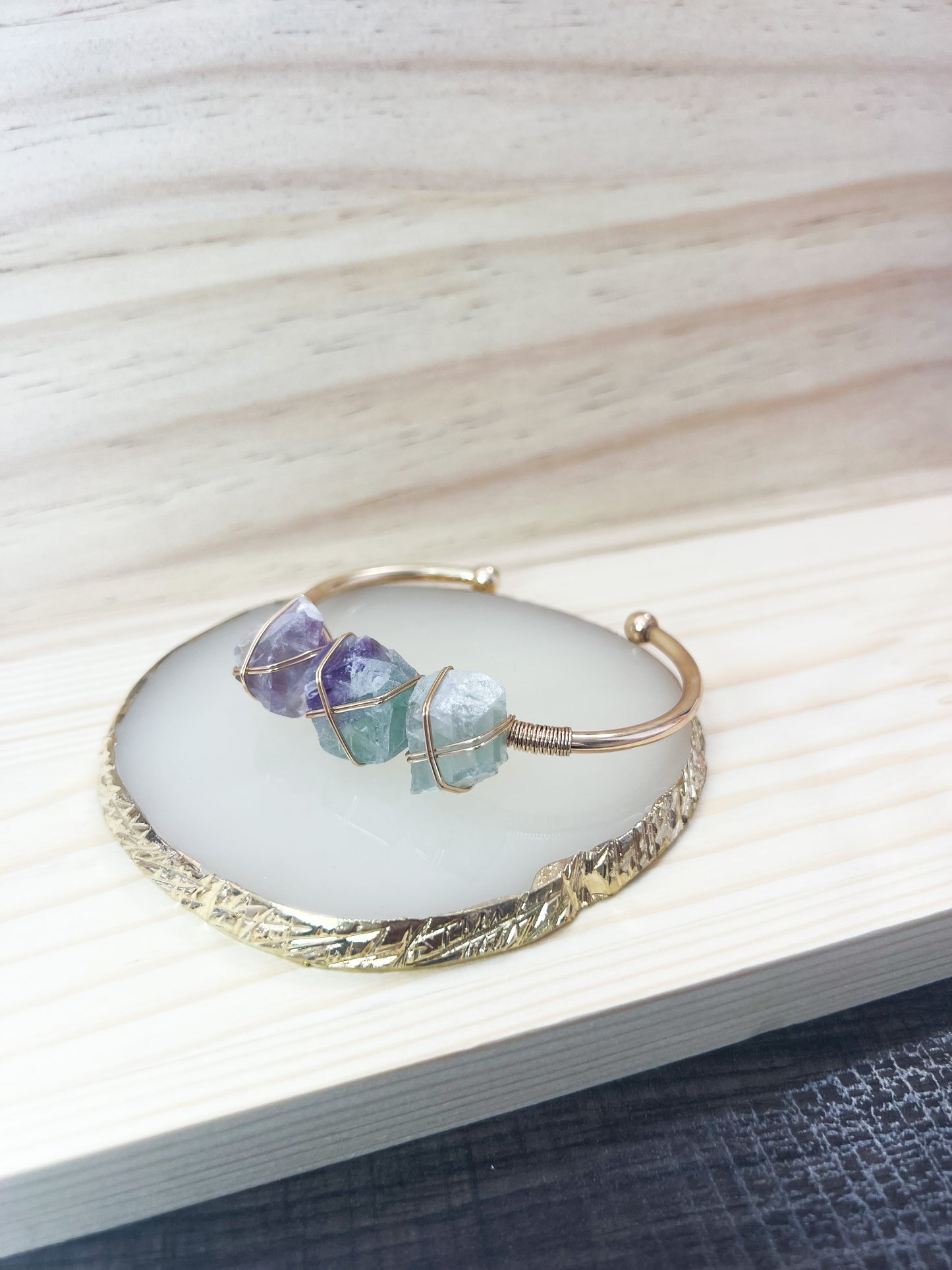 Fluorite Stone Wire Wrapped Cuff Bangle Bracelet