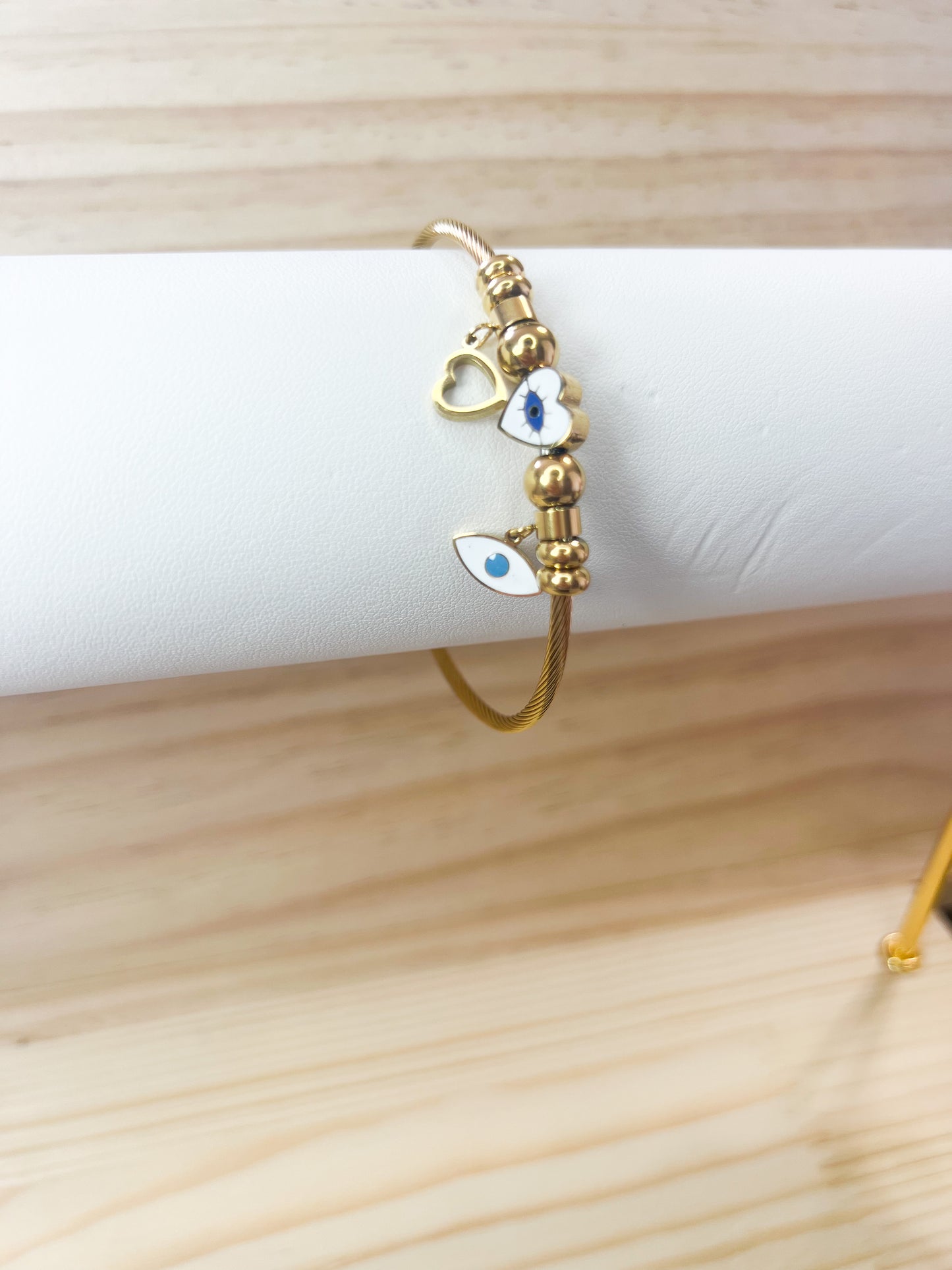 Heart Shaped Evil Eye 24k Gold Plated Coil Bracelet