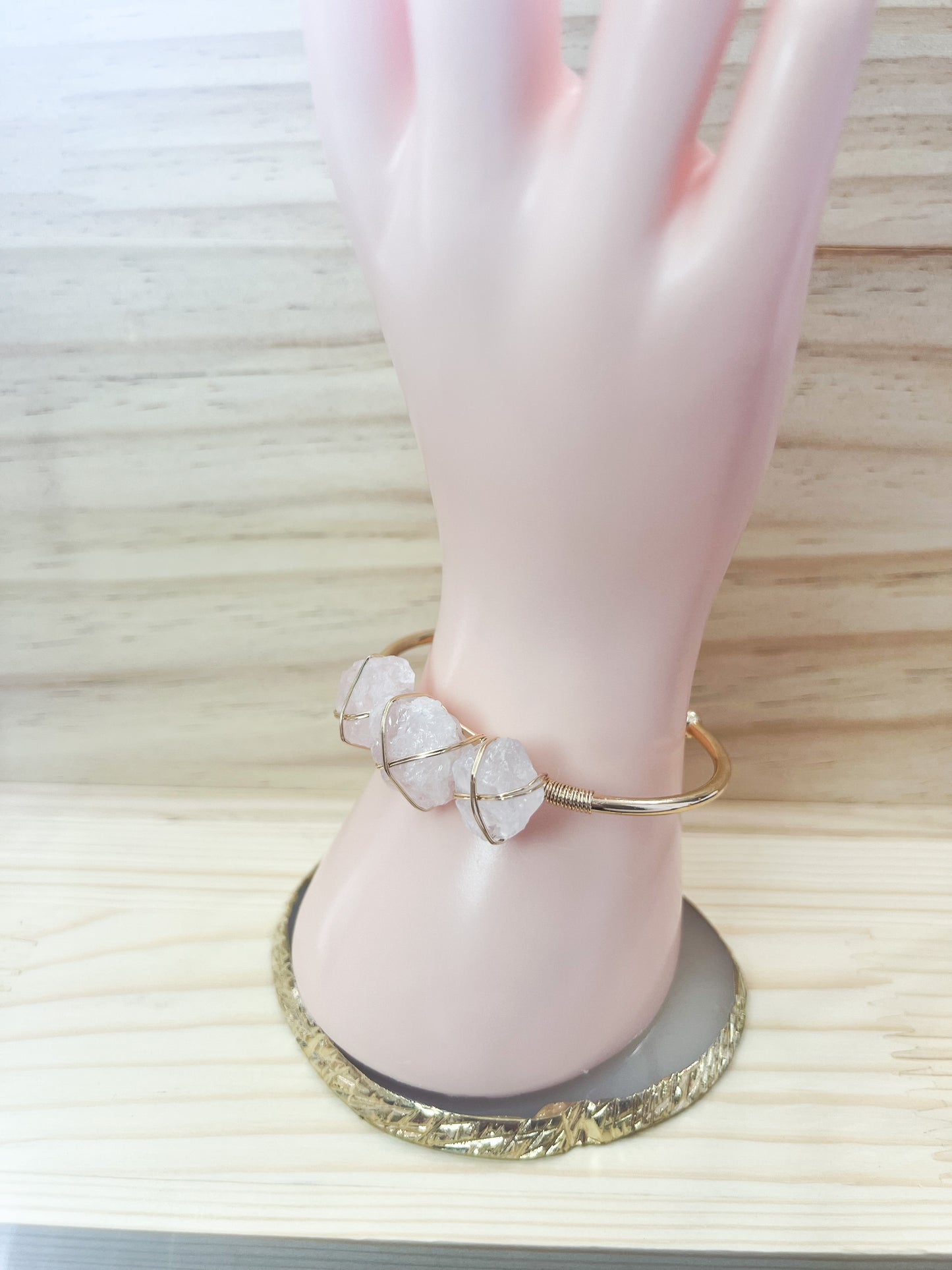 Rose Quartz Stone Wire Wrapped Cuff Bangle Bracelet