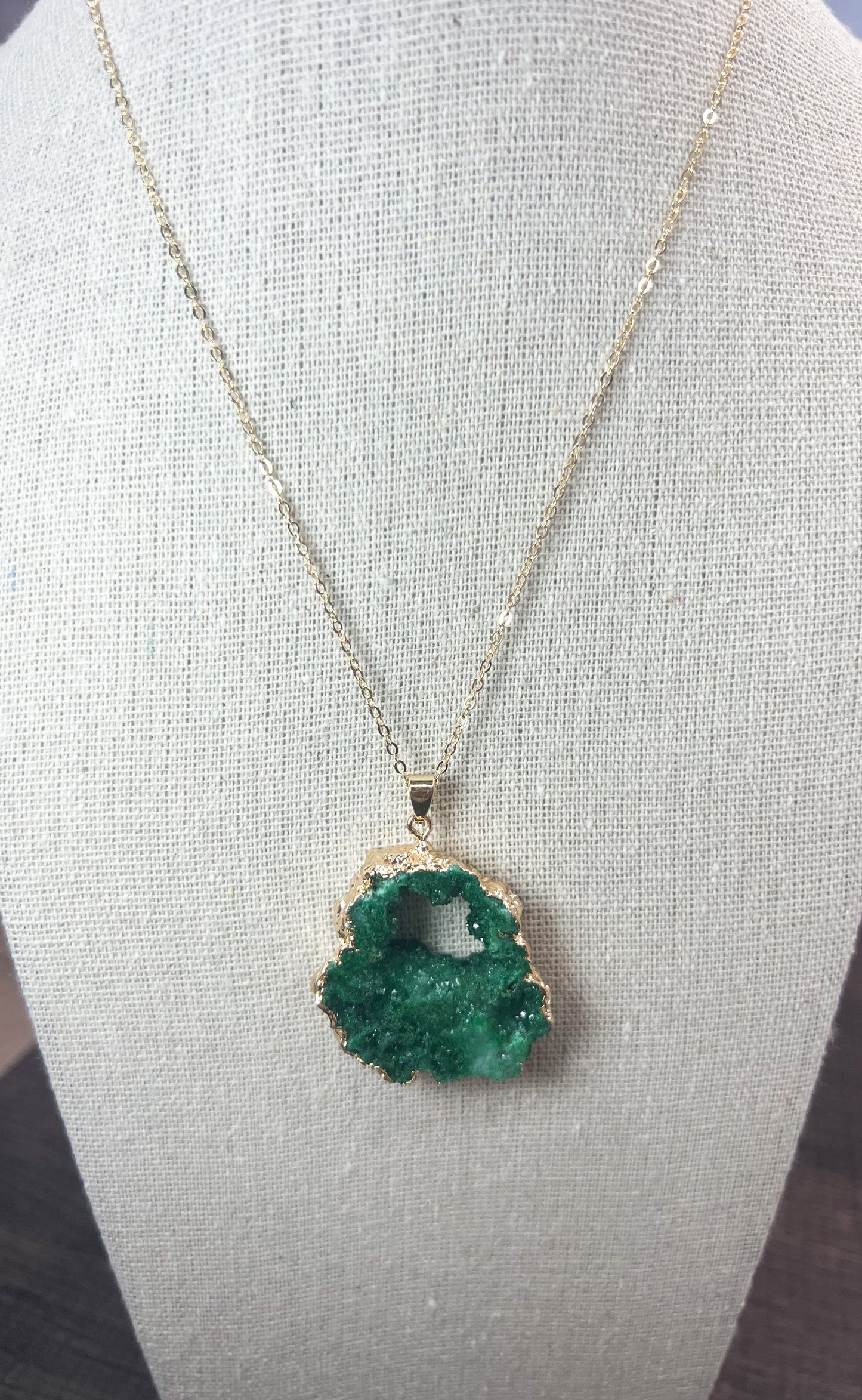 Green Fluorite Crystal Pendant Gold Plated Edge Necklace