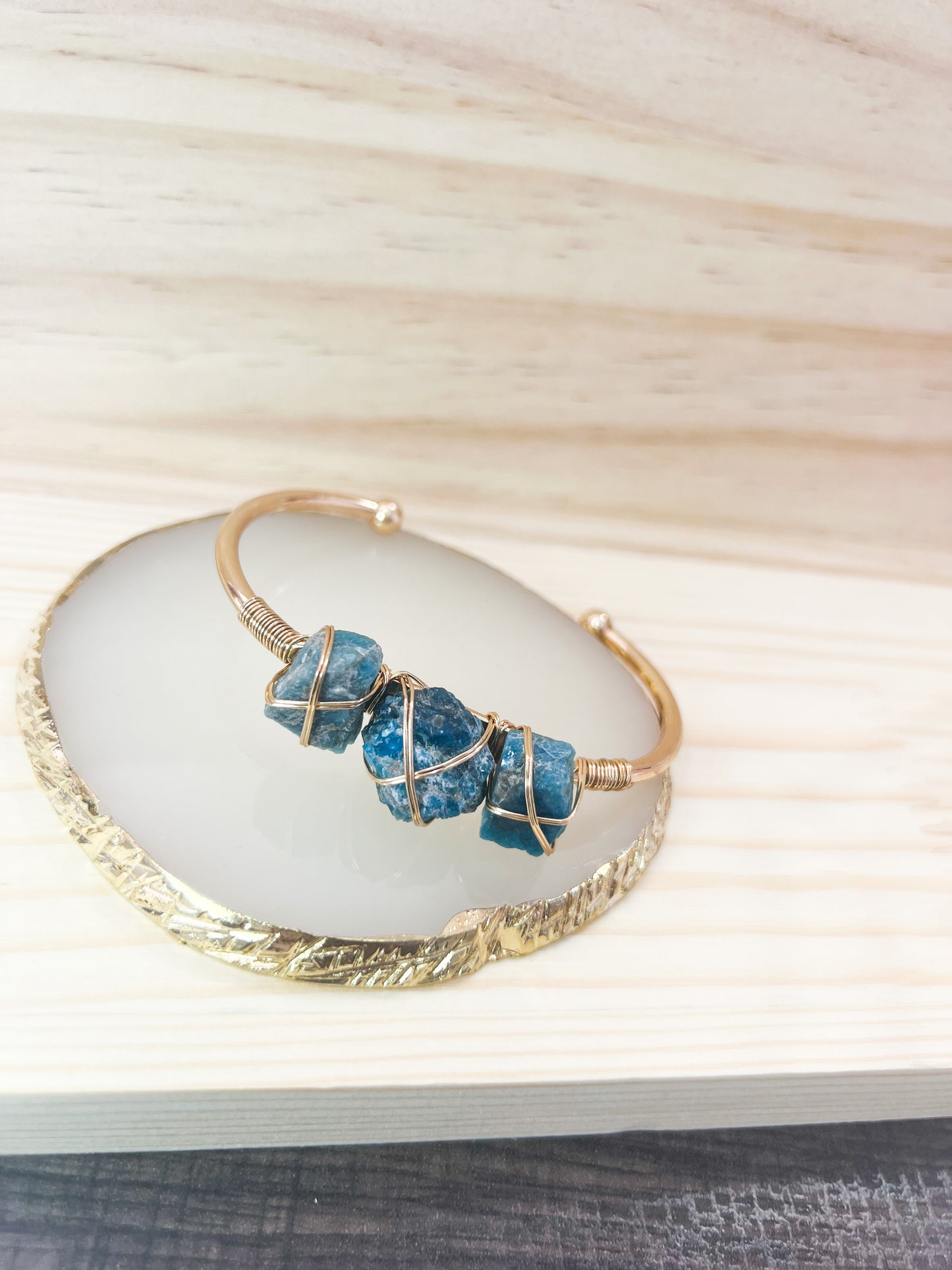 Blue Apatite Stone Wire Wrapped Cuff Bangle Bracelet