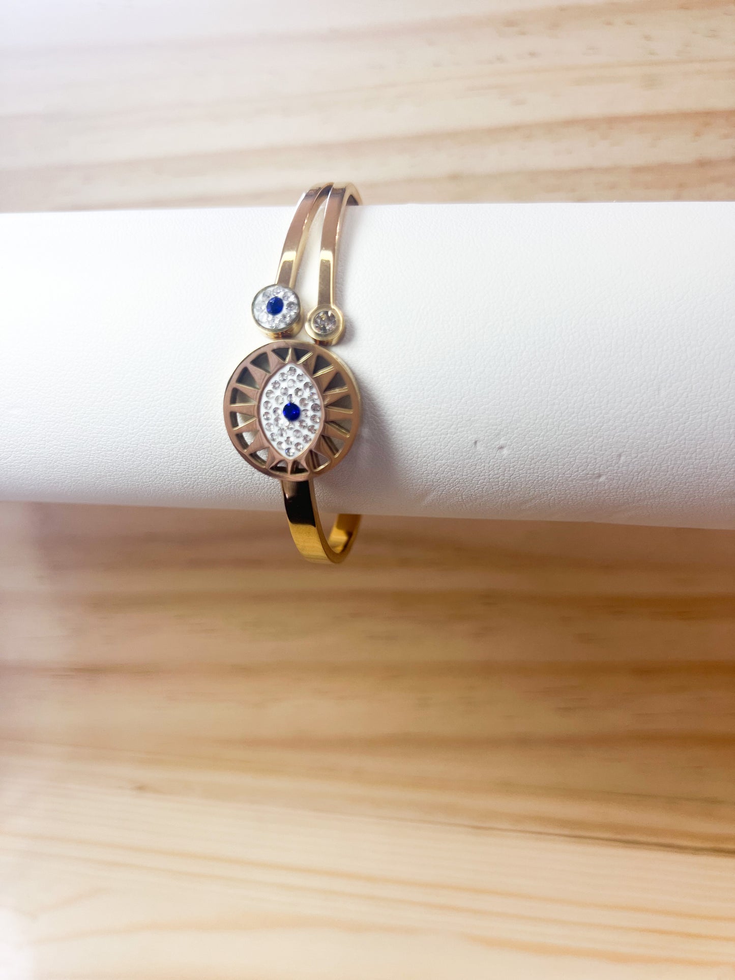 Gold Stainless Steel Evil Eye Bracelet With Rhinestones