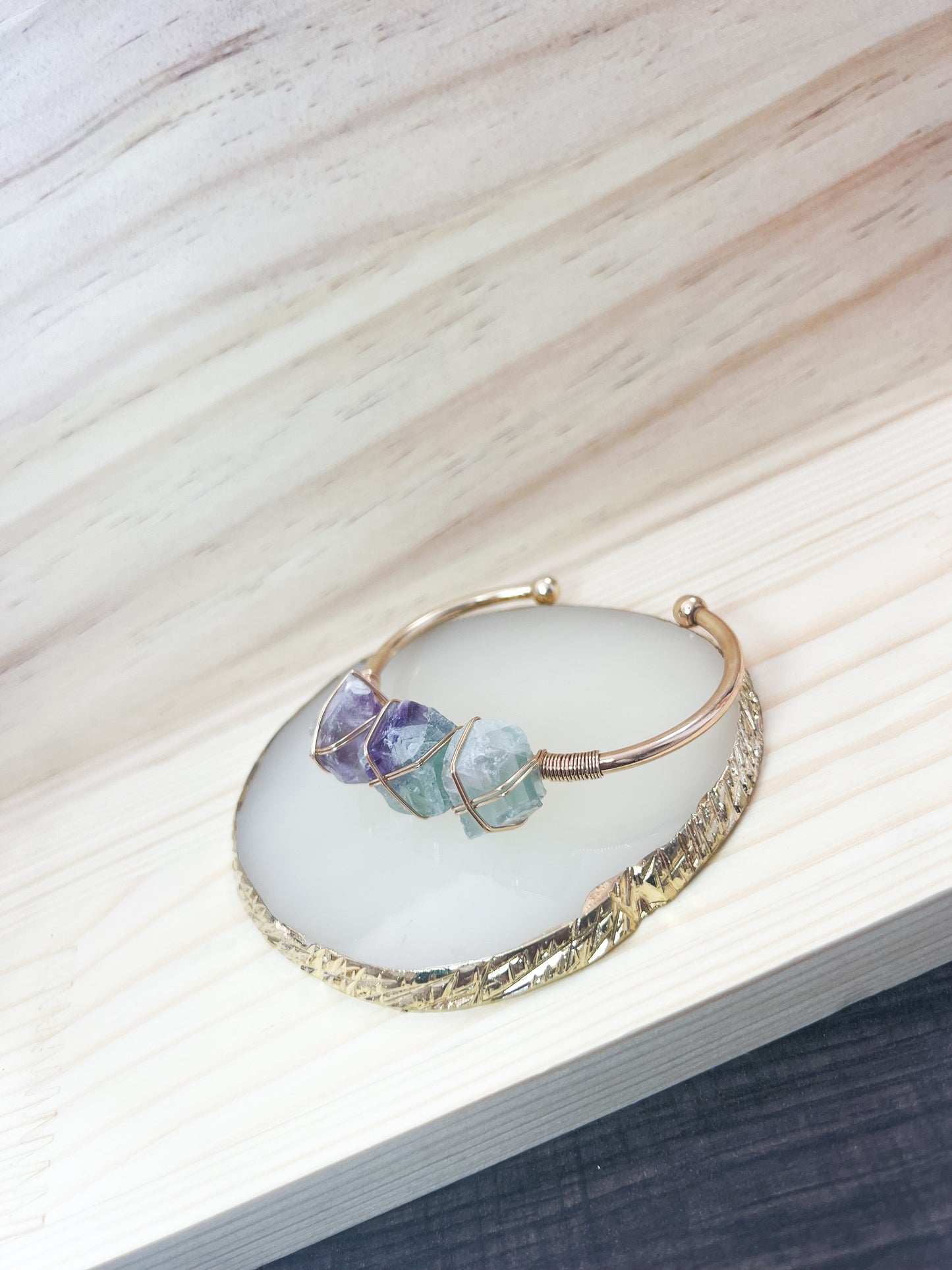 Fluorite Stone Wire Wrapped Cuff Bangle Bracelet