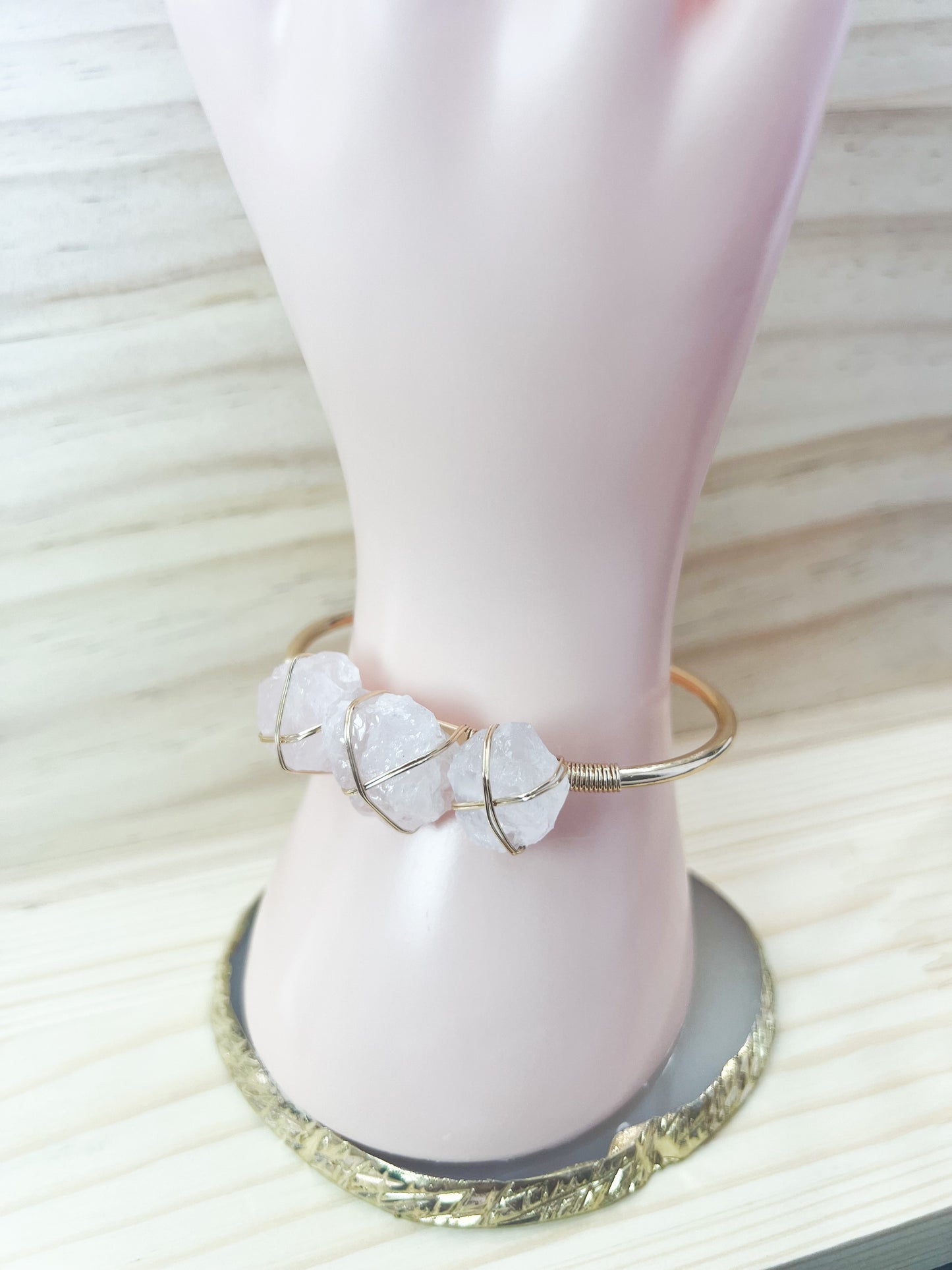 Rose Quartz Stone Wire Wrapped Cuff Bangle Bracelet