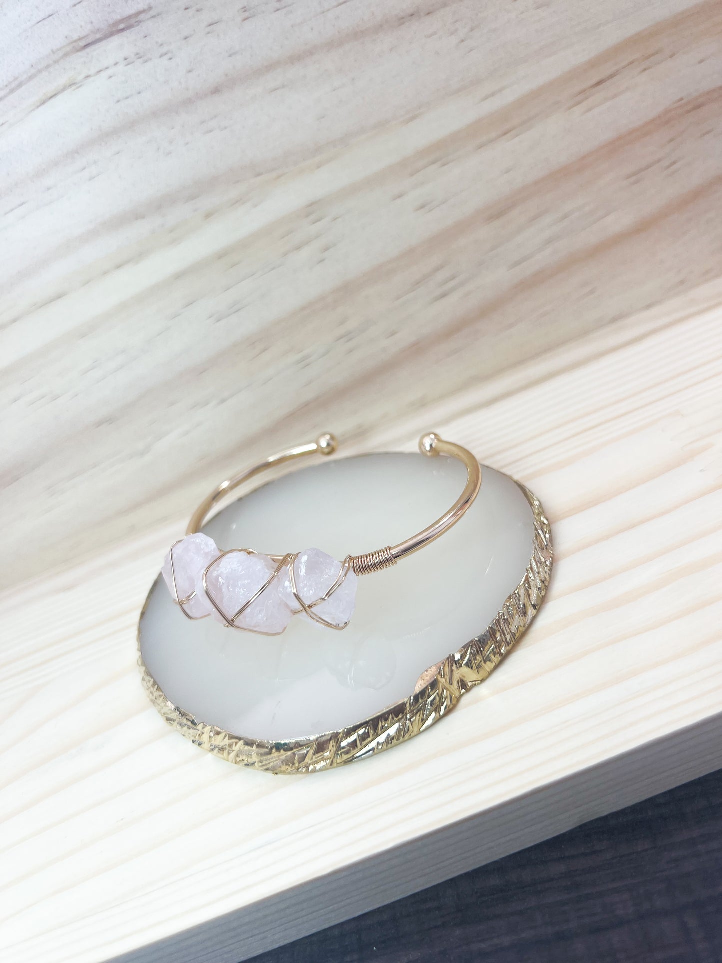 Rose Quartz Stone Wire Wrapped Cuff Bangle Bracelet