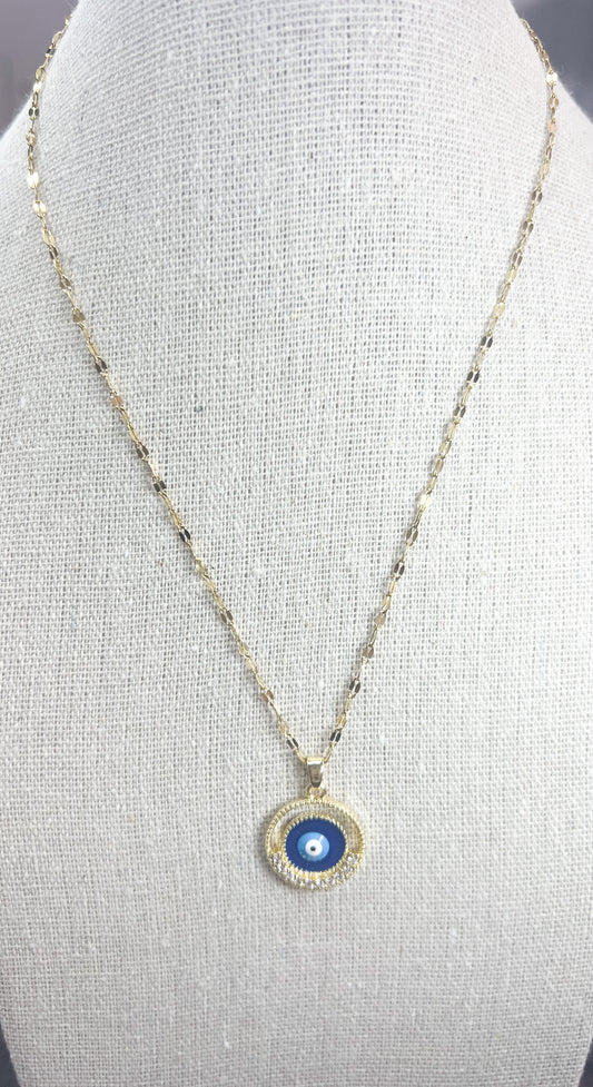 Round Blue Stainless Steel Evil Eye Pendant Necklace/ Clavic Chain